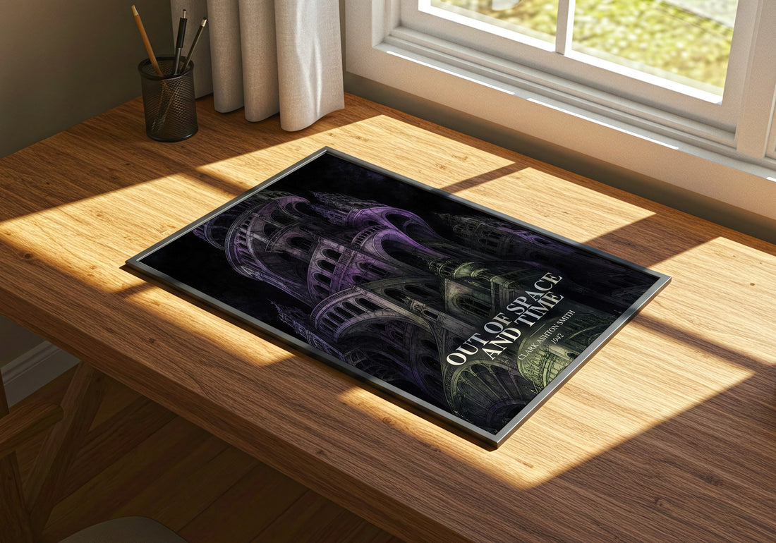 Out Of Space And Time watercolour book poster framed on wall – horror wall art