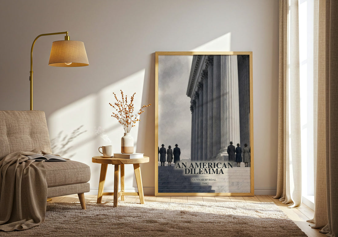 An American Dilemma watercolour print in frame leaning in hallway – __new__:educational wall art