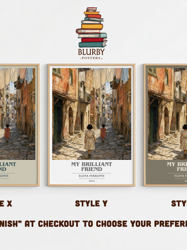 My Brilliant Friend book cover print in frame leaning in hallway – contemporary fiction wall art