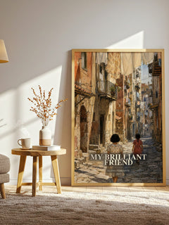 My Brilliant Friend watercolour print in frame leaning in hallway – contemporary fiction wall art