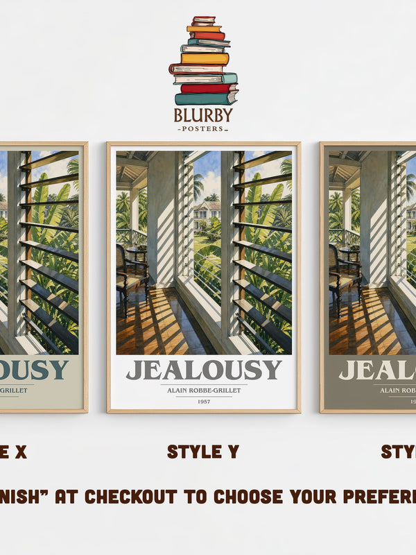 Jealousy book cover print in frame leaning in hallway – literary fiction wall art