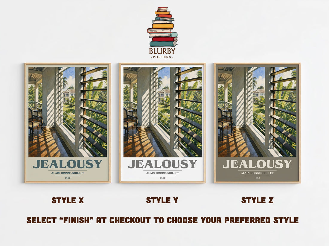 Jealousy book cover print in frame leaning in hallway – literary fiction wall art (mockup)