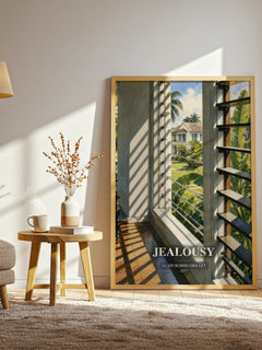 Jealousy watercolour print in frame leaning in hallway – literary fiction wall art