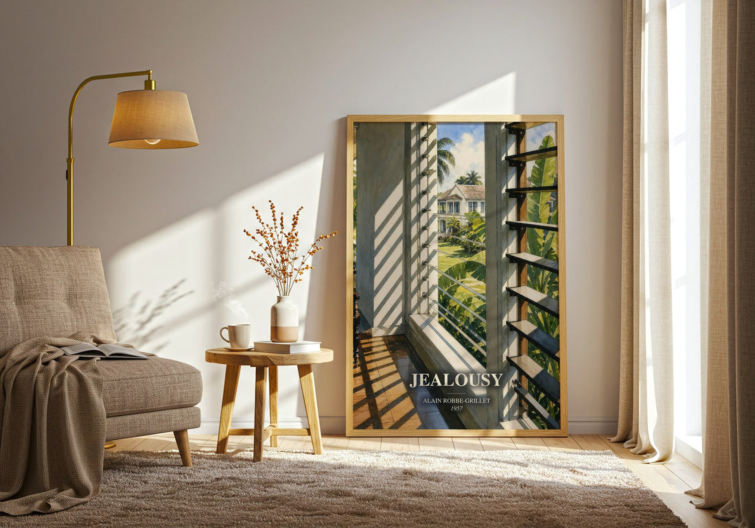 Jealousy watercolour print in frame leaning in hallway – literary fiction wall art