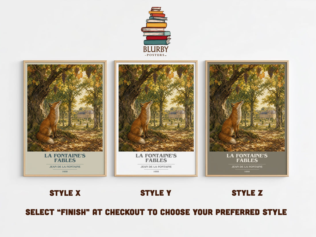La Fontaine's Fables book cover print in frame leaning in hallway – classic literature wall art