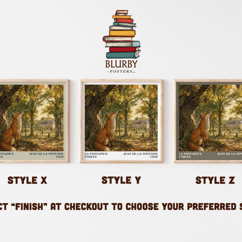 La Fontaine's Fables literary print in frame leaning in hallway – classic literature wall art