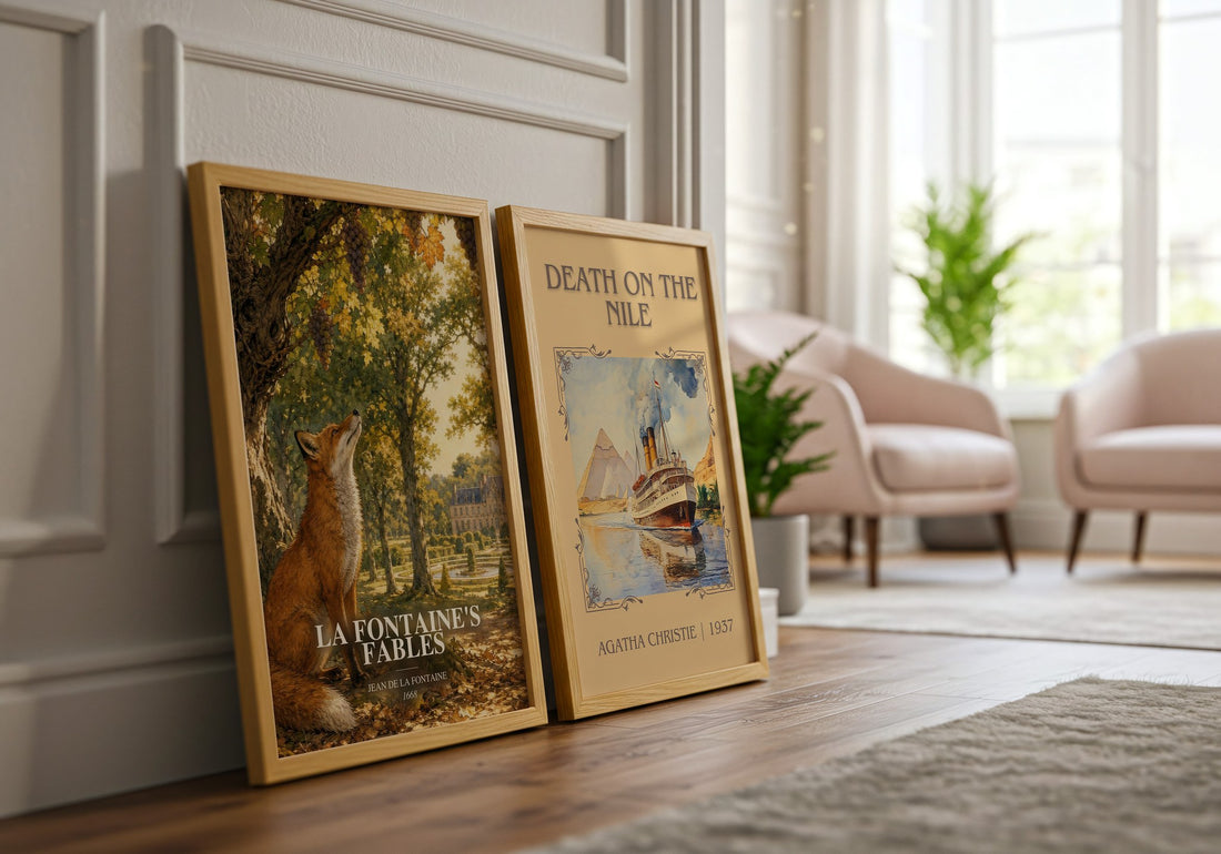 La Fontaine's Fables watercolour print framed by window – literary home decor