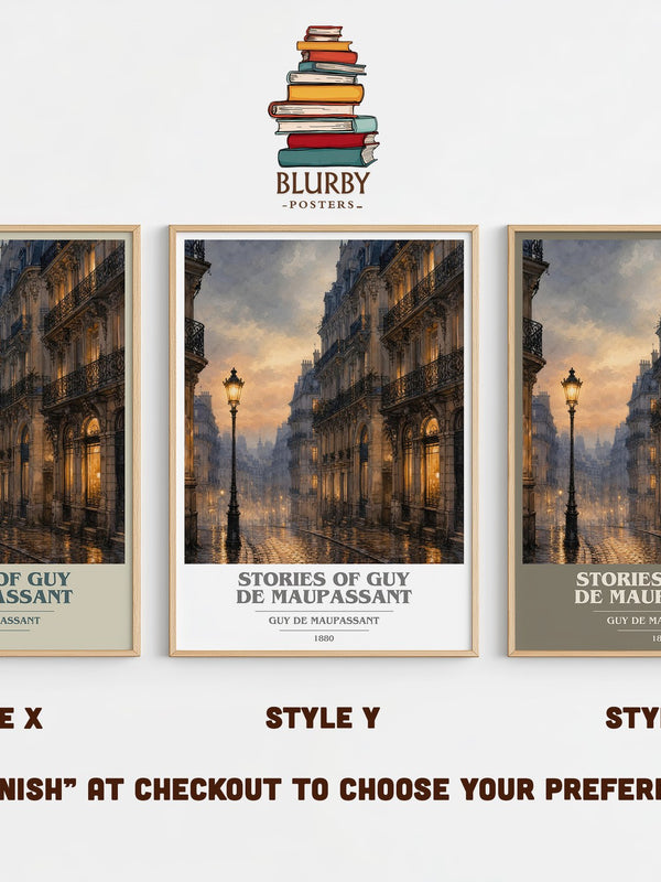 Stories of Guy de Maupassant book cover print in frame leaning in hallway – literary fiction wall art