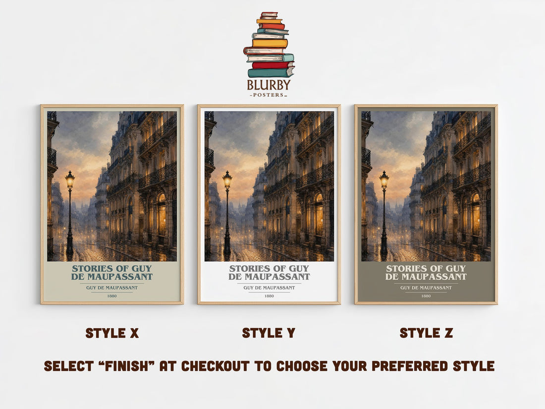 Stories of Guy de Maupassant book cover print in frame leaning in hallway – literary fiction wall art (mockup)