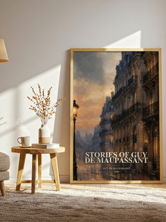 Stories of Guy de Maupassant watercolour print in frame leaning in hallway – literary fiction wall art