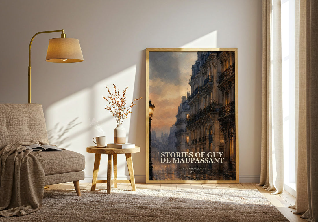 Stories of Guy de Maupassant watercolour print in frame leaning in hallway – literary fiction wall art