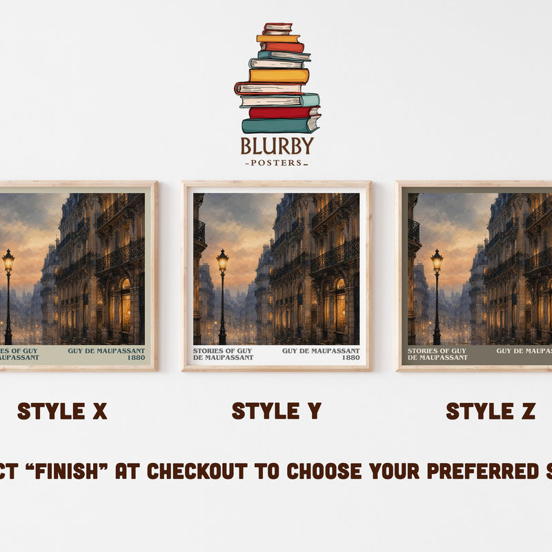 Stories of Guy de Maupassant literary print in frame leaning in hallway – literary fiction wall art