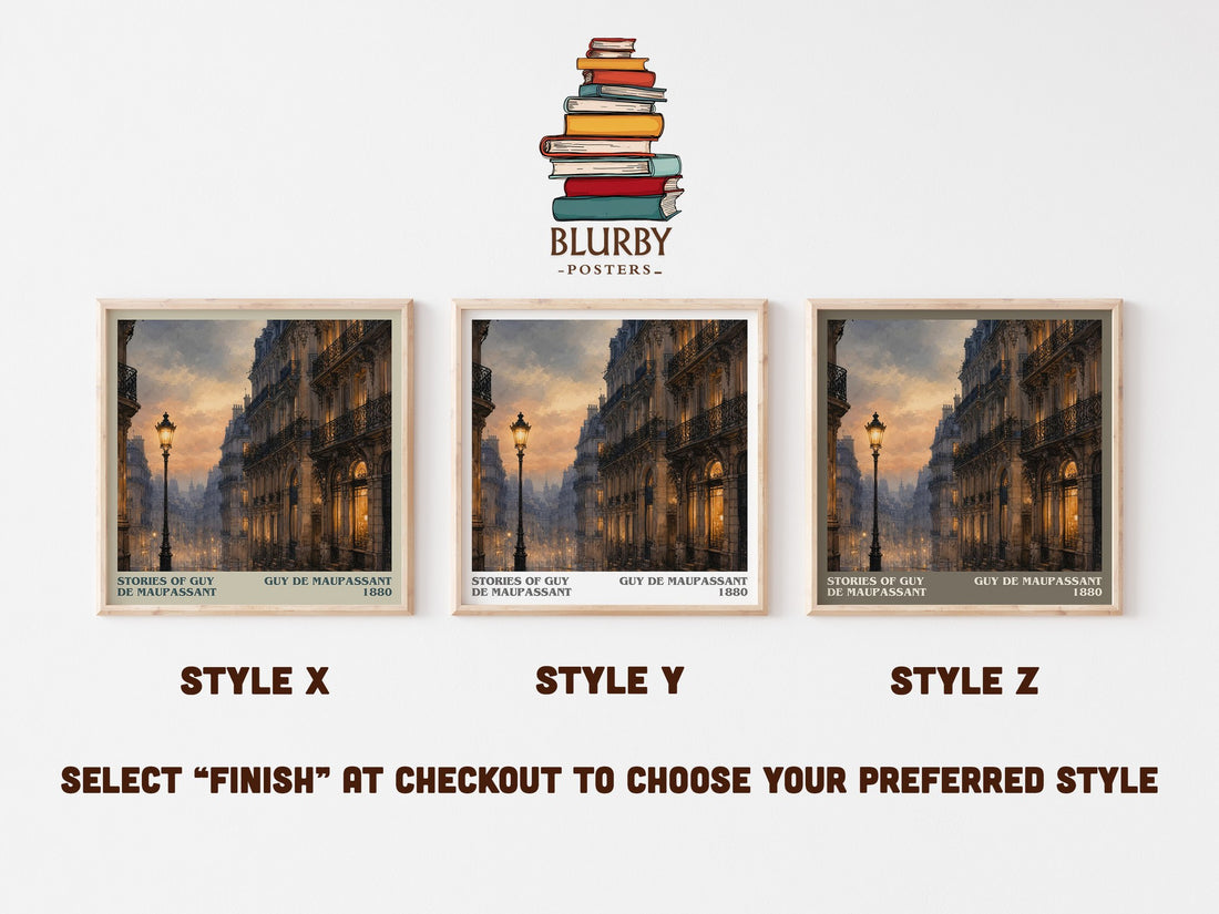 Stories of Guy de Maupassant literary print in frame leaning in hallway – literary fiction wall art (mockup)
