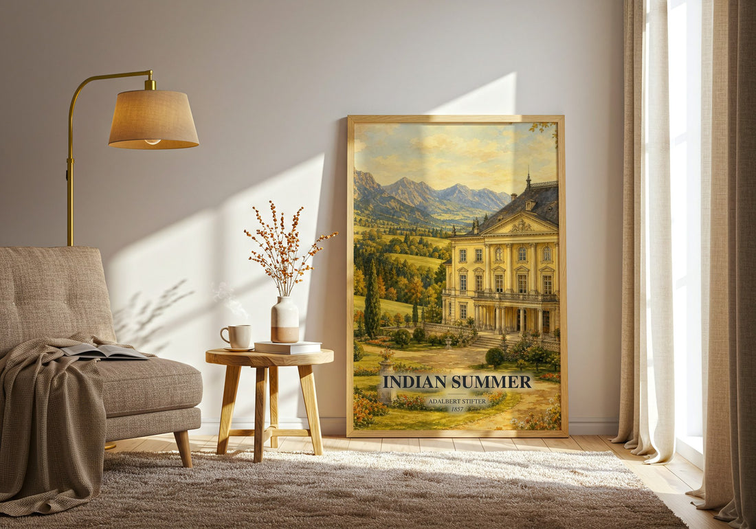 Indian Summer watercolour print in frame leaning in hallway – literary fiction wall art