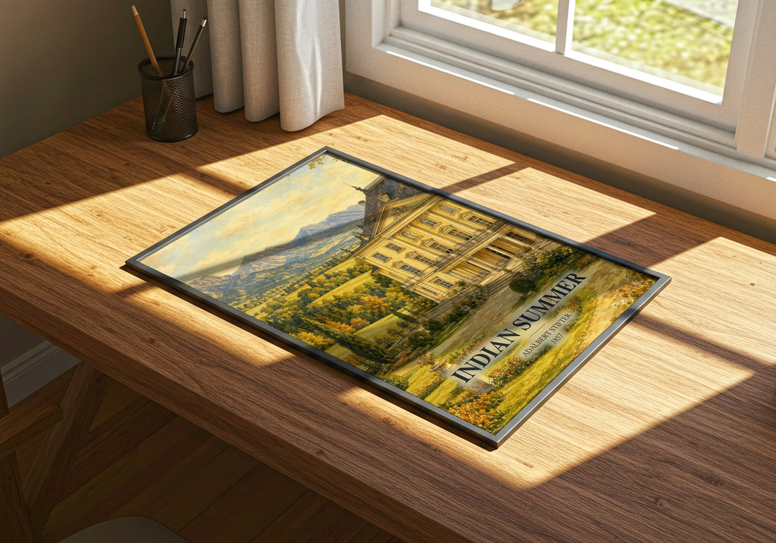 Indian Summer watercolour book poster framed on wall – literary fiction wall art