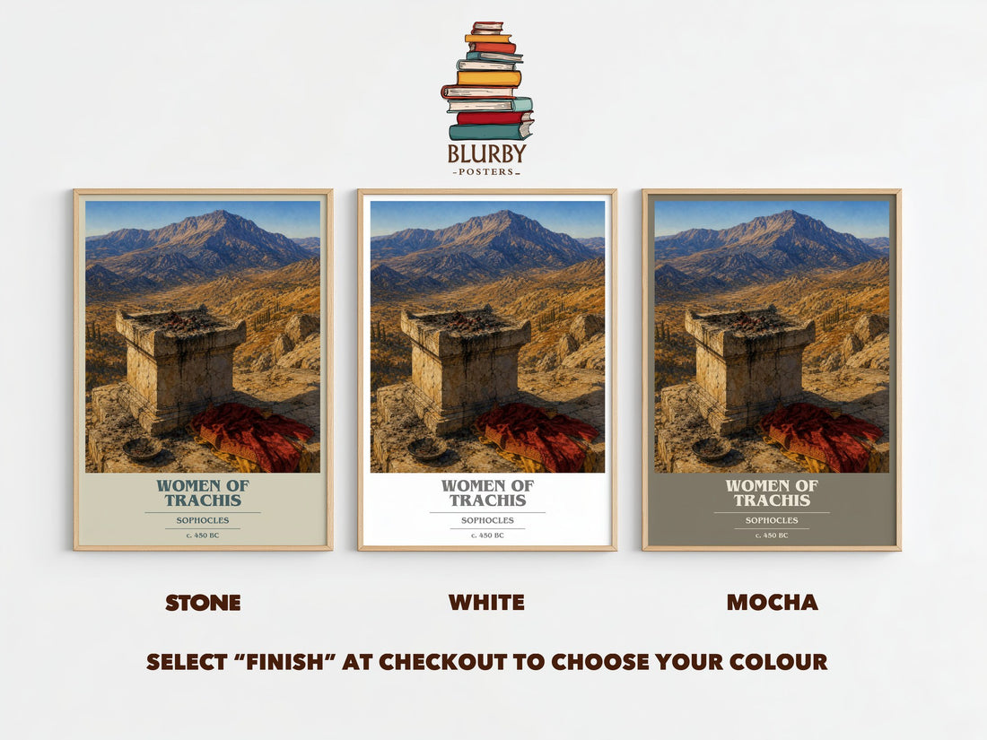 Women of Trachis book cover print framed by window – Stone, White and Mocha side by side – choose your colour