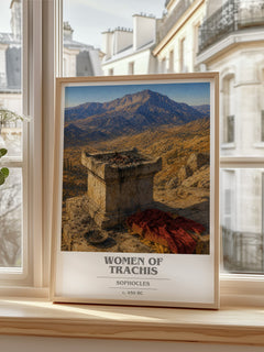 Women of Trachis book cover print in frame leaning in hallway – classic literature wall art