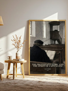 The Protestant Ethic and the Spirit of Capitalism watercolour print in frame leaning in hallway – non fiction wall art