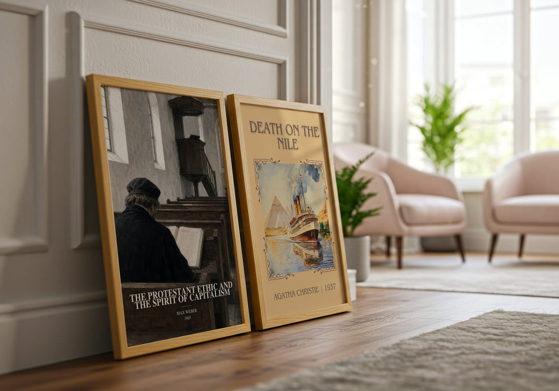 The Protestant Ethic and the Spirit of Capitalism watercolour print framed by window – literary home decor