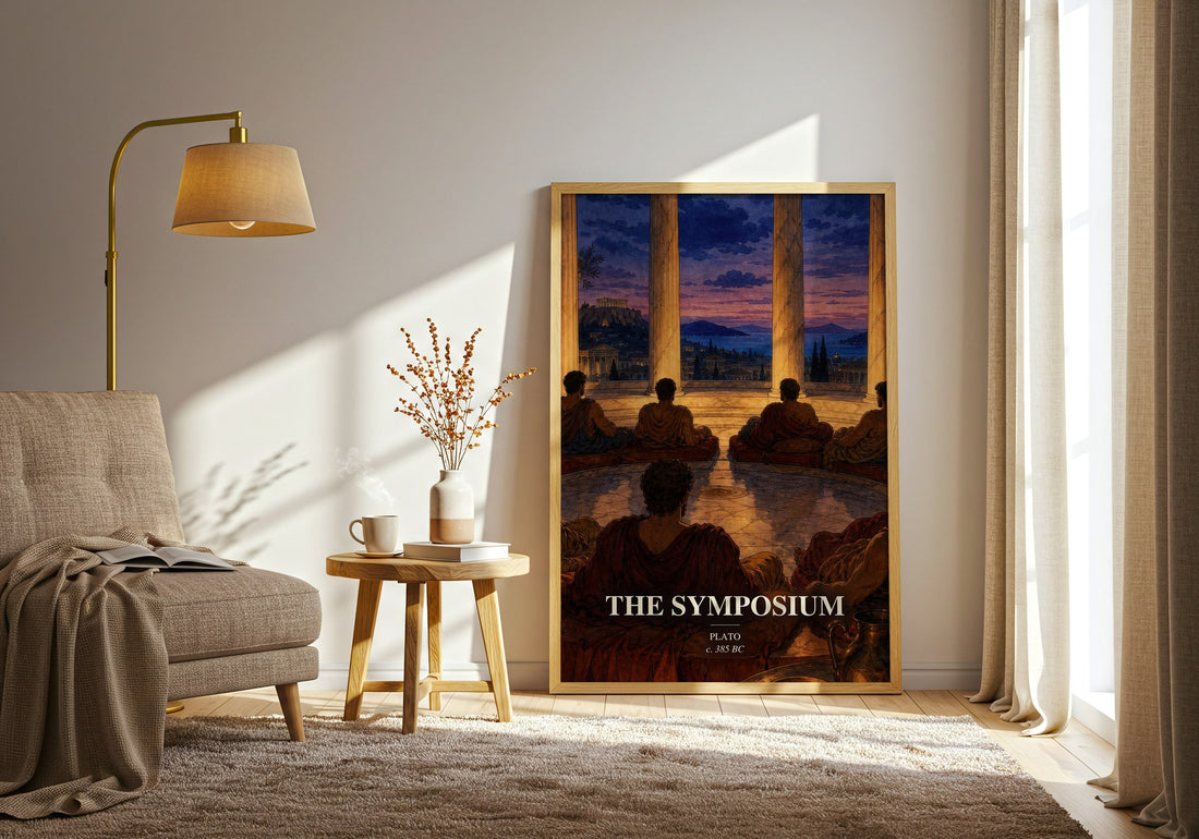 The Symposium watercolour print in frame leaning in hallway – philosophy wall art