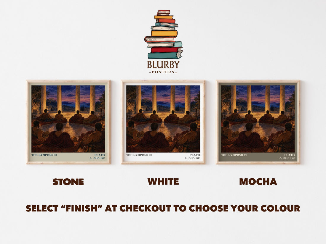 The Symposium literary print framed by window – Stone, White and Mocha square prints side by side – choose your colour