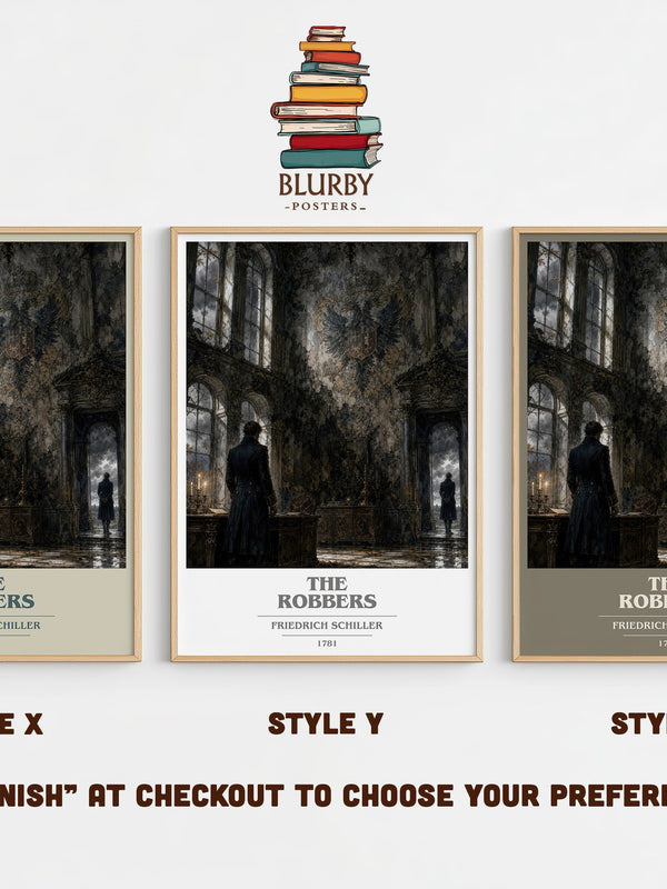The Robbers book cover print in frame leaning in hallway – classic literature wall art
