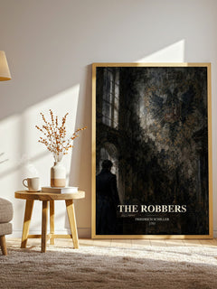 The Robbers watercolour print in frame leaning in hallway – classic literature wall art