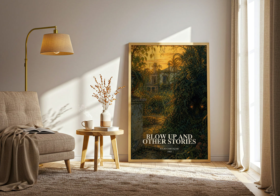 Blow Up And Other Stories watercolour print in frame leaning in hallway – literary fiction wall art