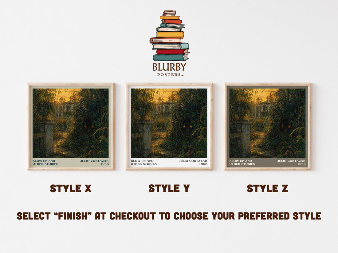 Blow Up And Other Stories literary print in frame leaning in hallway – literary fiction wall art (mockup)
