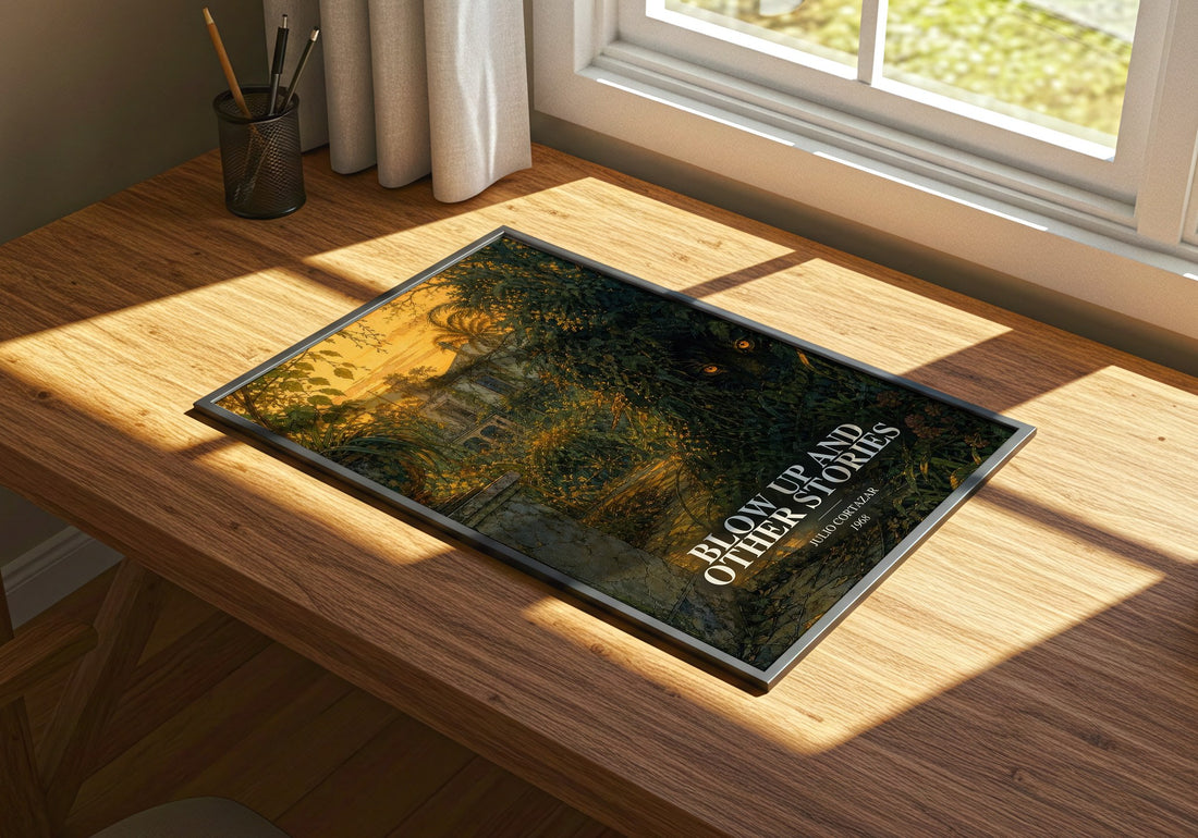Blow Up And Other Stories watercolour book poster framed on wall – literary fiction wall art