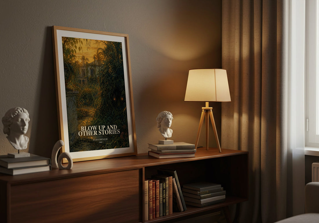 Blow Up And Other Stories watercolour print on bookshelf – Julio Cortazar fan gift