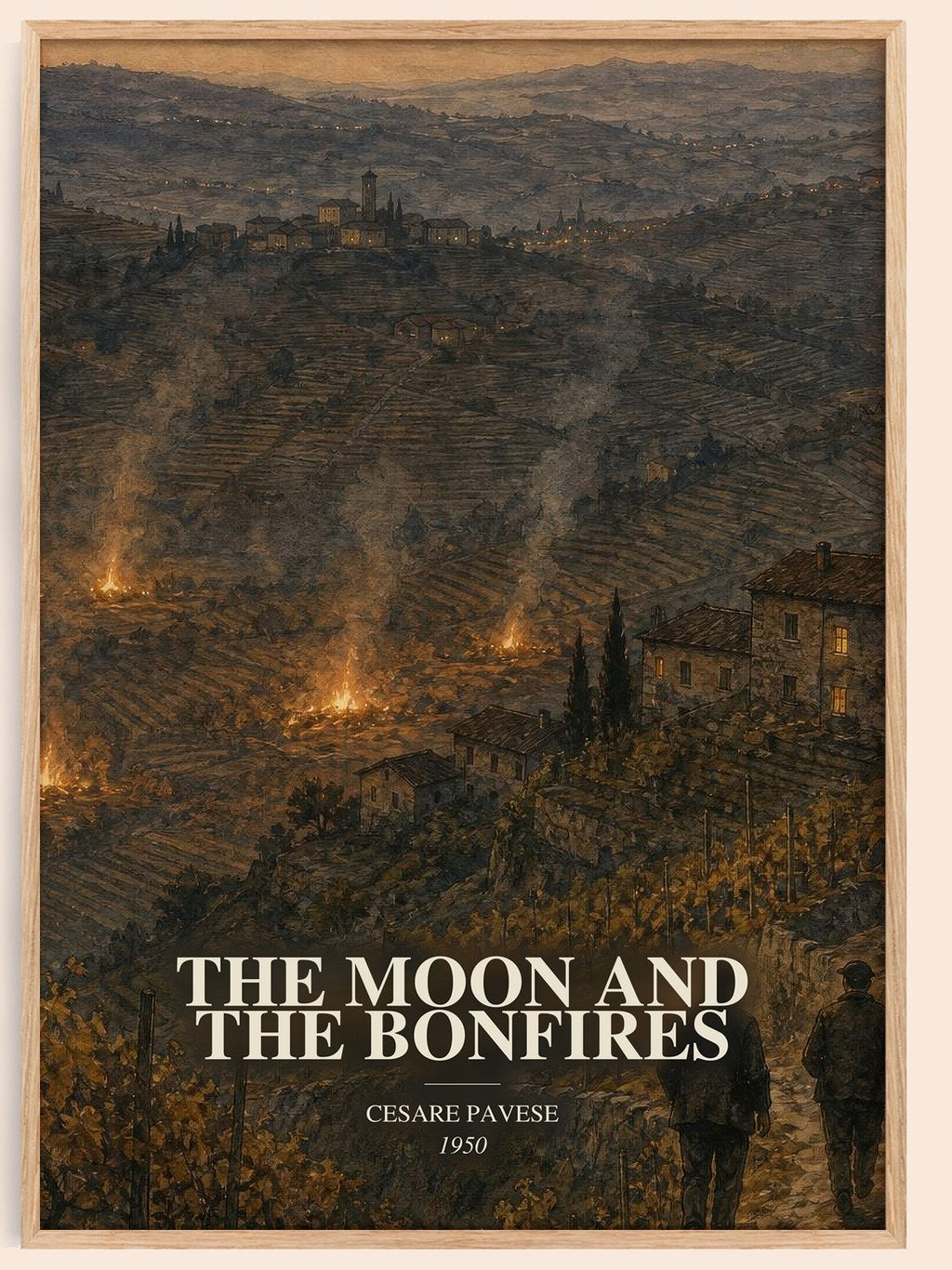 The Moon and the Bonfires watercolour book poster by Cesare Pavese – framed literary art print