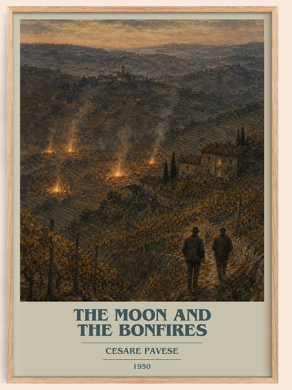 The Moon and the Bonfires book cover book poster by Cesare Pavese – framed literary art print