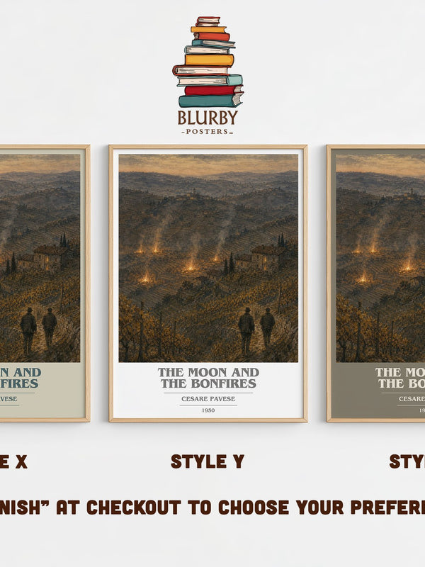The Moon and the Bonfires book cover print in frame leaning in hallway – literary fiction wall art