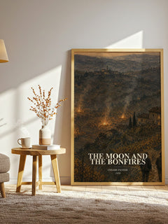 The Moon and the Bonfires watercolour print in frame leaning in hallway – literary fiction wall art
