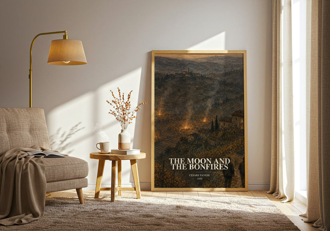 The Moon and the Bonfires watercolour print in frame leaning in hallway – literary fiction wall art