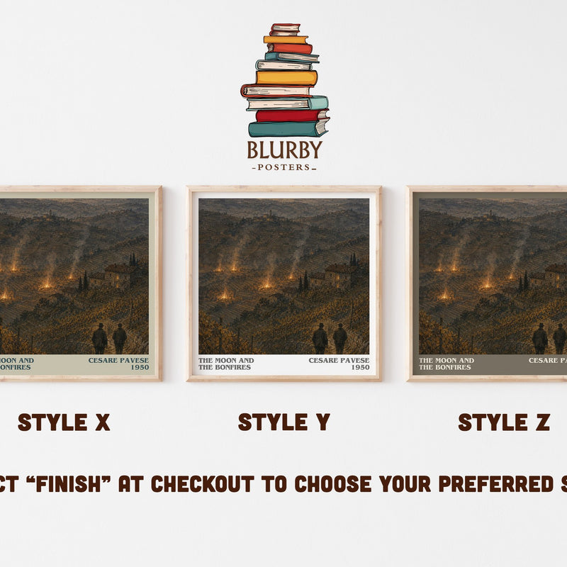 The Moon and the Bonfires literary print in frame leaning in hallway – literary fiction wall art