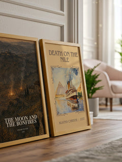 The Moon and the Bonfires watercolour print framed by window – literary home decor
