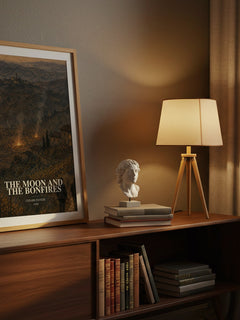 The Moon and the Bonfires watercolour print on bookshelf – Cesare Pavese fan gift