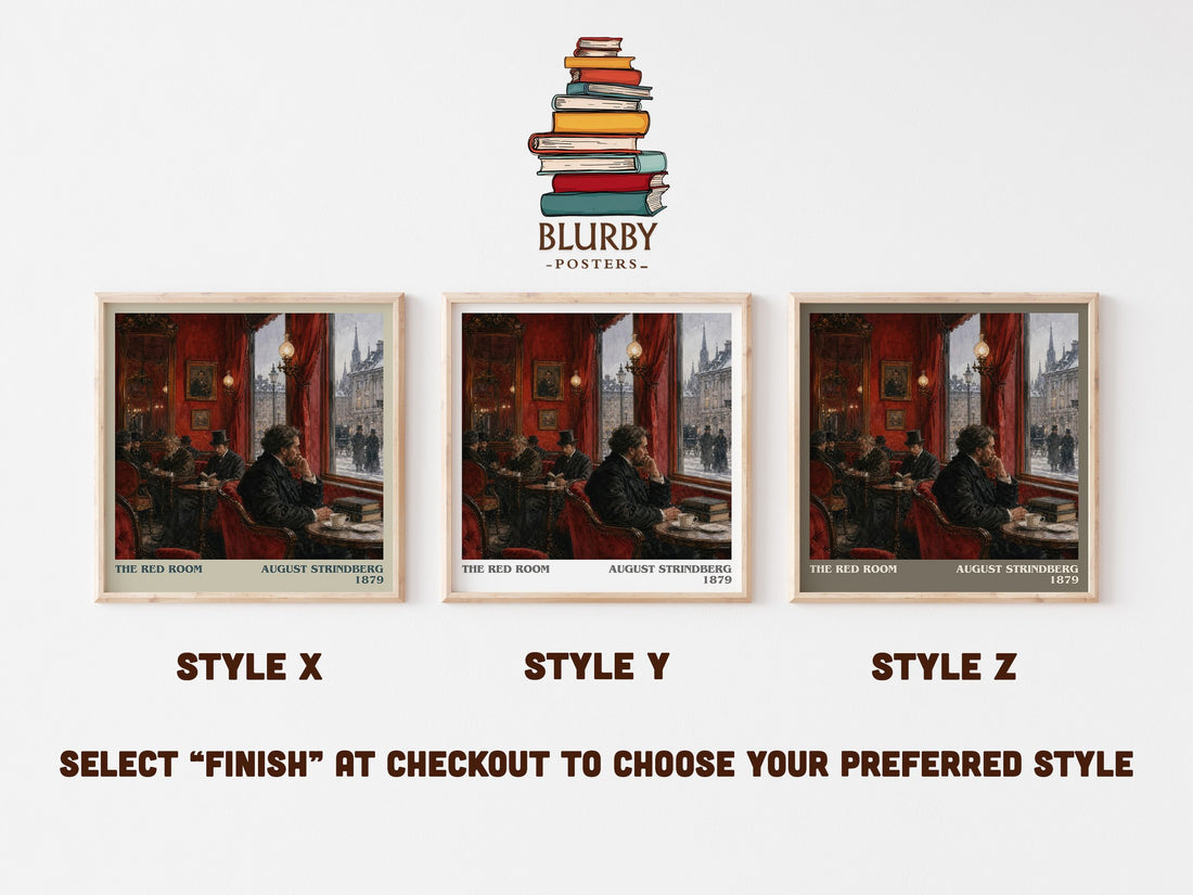 The Red Room literary print in frame leaning in hallway – satire wall art (mockup)