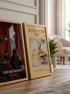 The Red Room watercolour print framed by window – literary home decor