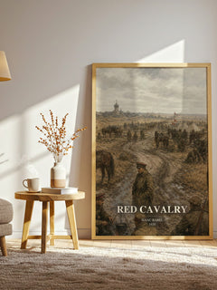 Red Cavalry watercolour print in frame leaning in hallway – historical fiction wall art
