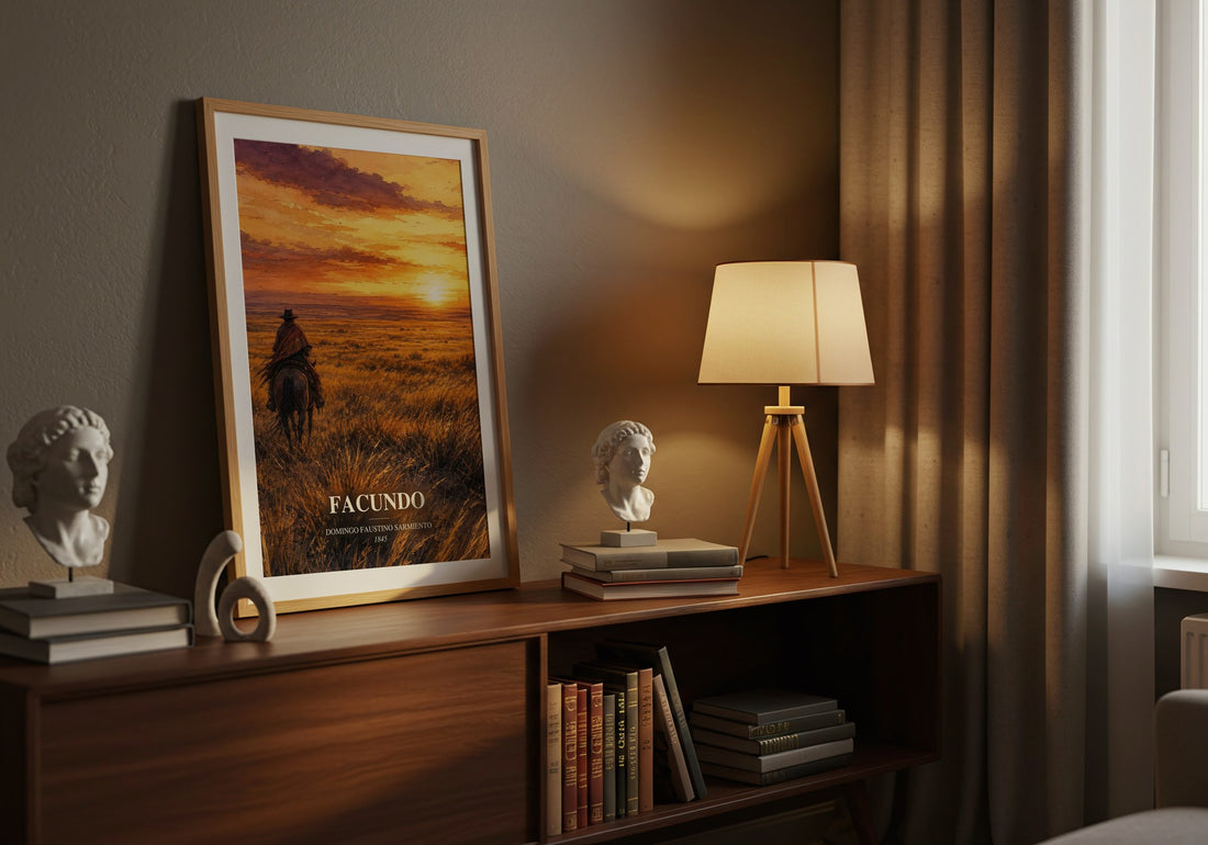 Facundo watercolour print on bookshelf – Domingo Faustino Sarmiento fan gift