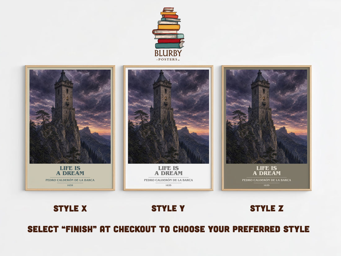 Life Is a Dream book cover print in frame leaning in hallway – classic literature wall art (mockup)