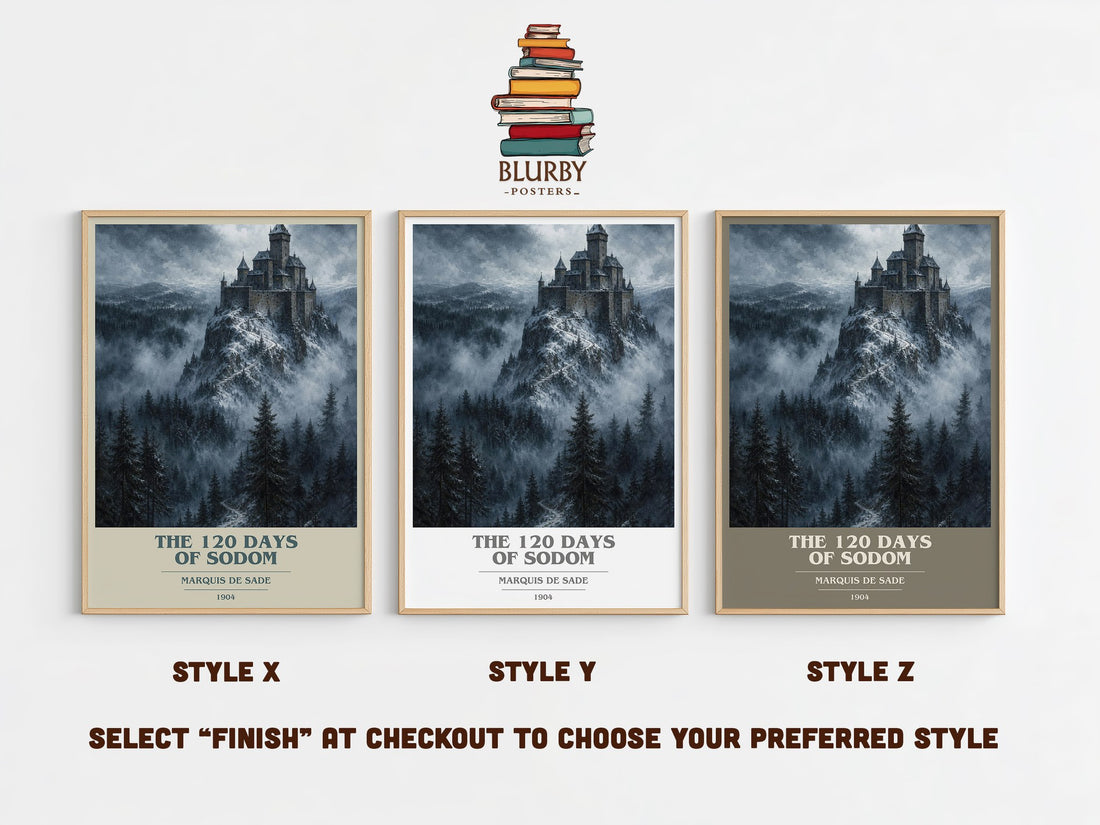 The 120 Days of Sodom book cover print in frame leaning in hallway – philosophy wall art (mockup)