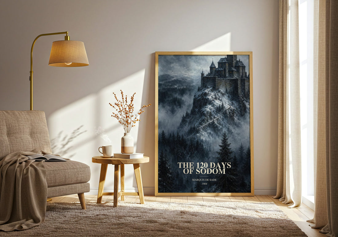 The 120 Days of Sodom watercolour print in frame leaning in hallway – philosophy wall art