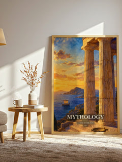 Mythology watercolour print in frame leaning in hallway – non fiction wall art