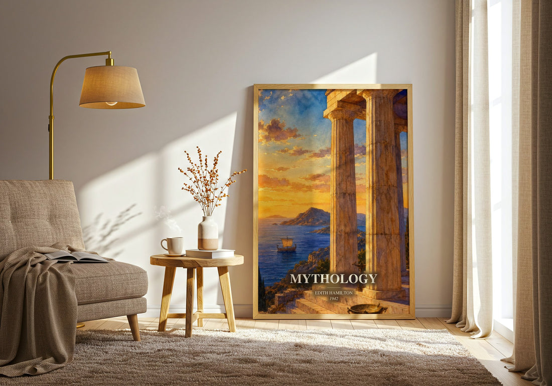 Mythology watercolour print in frame leaning in hallway – non fiction wall art