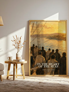 In The Heart Of The Seas watercolour print in frame leaning in hallway – literary fiction wall art