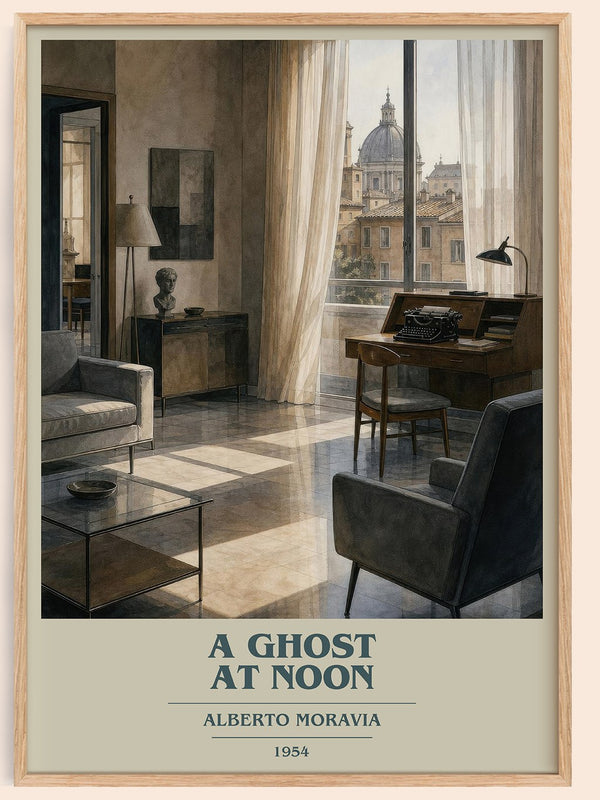 A Ghost at Noon book cover book poster by Alberto Moravia – framed literary art print